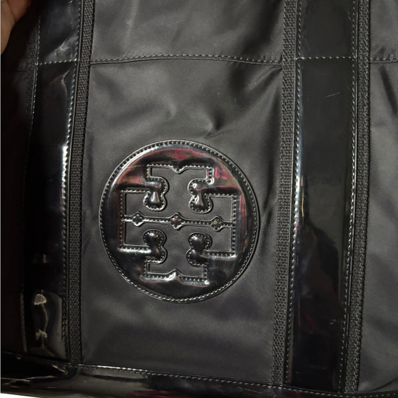 Tory Burch Ella Nylon Tote Black Patent Trim Large Logo Bag - Picture 10 of 10